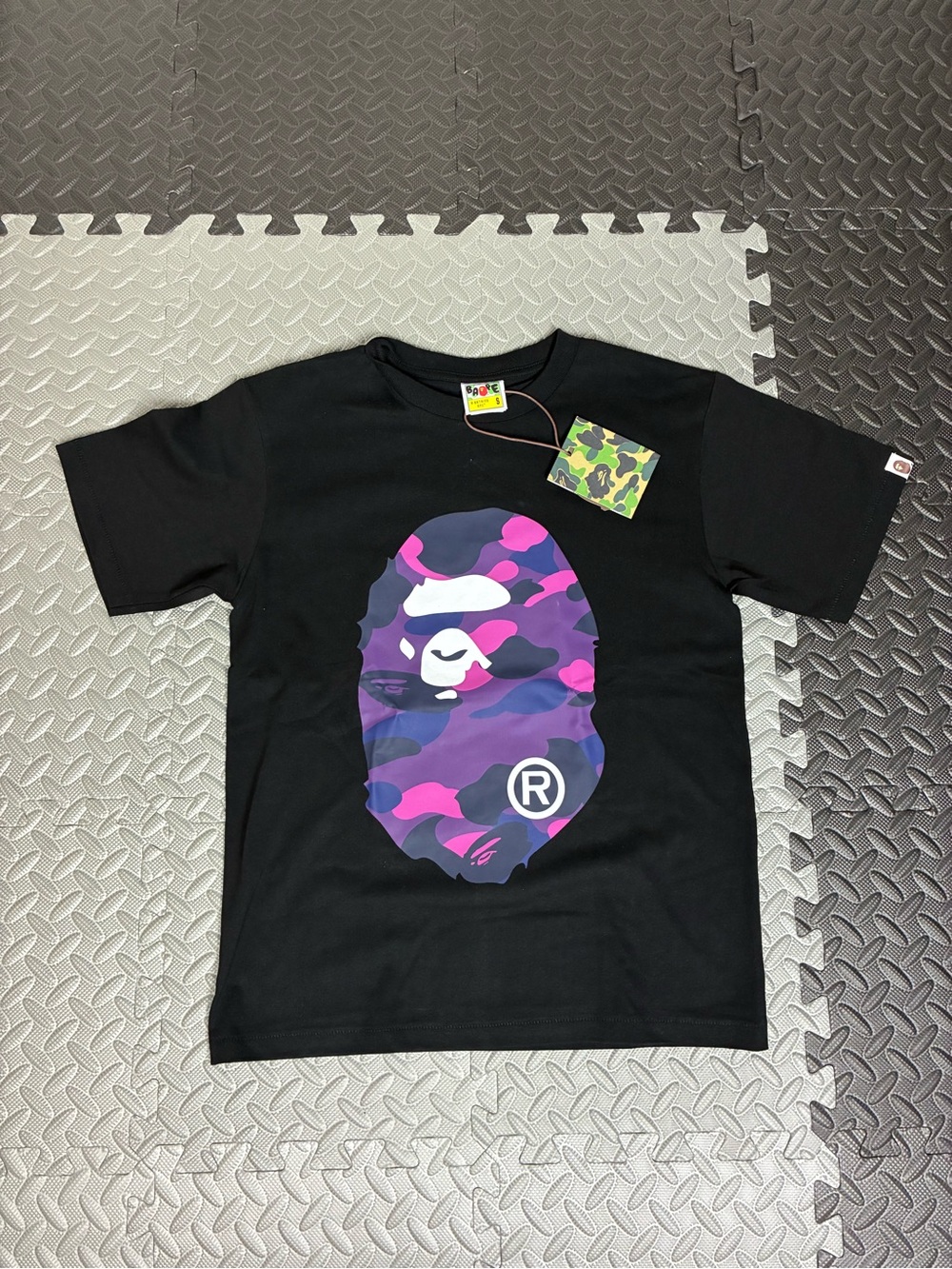 Bape Black Tee with Purple and Pink Camo Ape Head